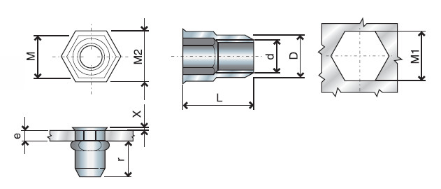 HOW M6バット Клепальна гайка сталева M6 FTRE 0,7-3,0mm (пачка 200 шт